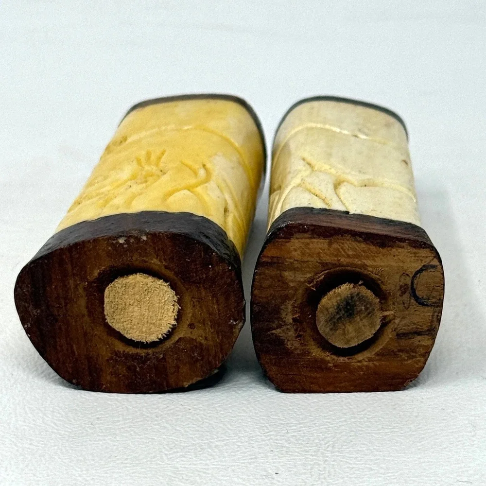 Bone Carved Salt Pepper Shaker Set Rhino Water Buffalo Wood  3